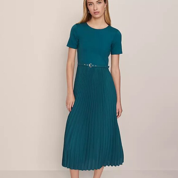 Ann Taylor Deep Teal Green Belted short sleeve Pleated Midi Dress, sz 8 - Picture 2 of 11